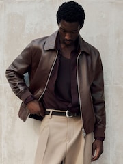 Reiss Bordeaux Carletton Leather Zip-Through Collared Bomber Jacket - Image 1 of 9