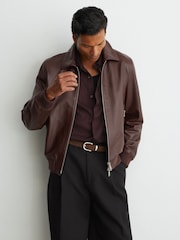 Reiss Bordeaux Carletton Leather Zip-Through Collared Bomber Jacket - Image 5 of 9