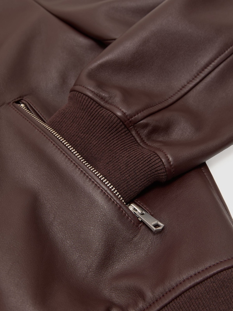 Reiss Bordeaux Carletton Leather Zip-Through Collared Bomber Jacket - Image 9 of 9 Reiss Bordeaux Carletton Leather Zip-Through Collared Bomber Jacket - Image 9 of 9