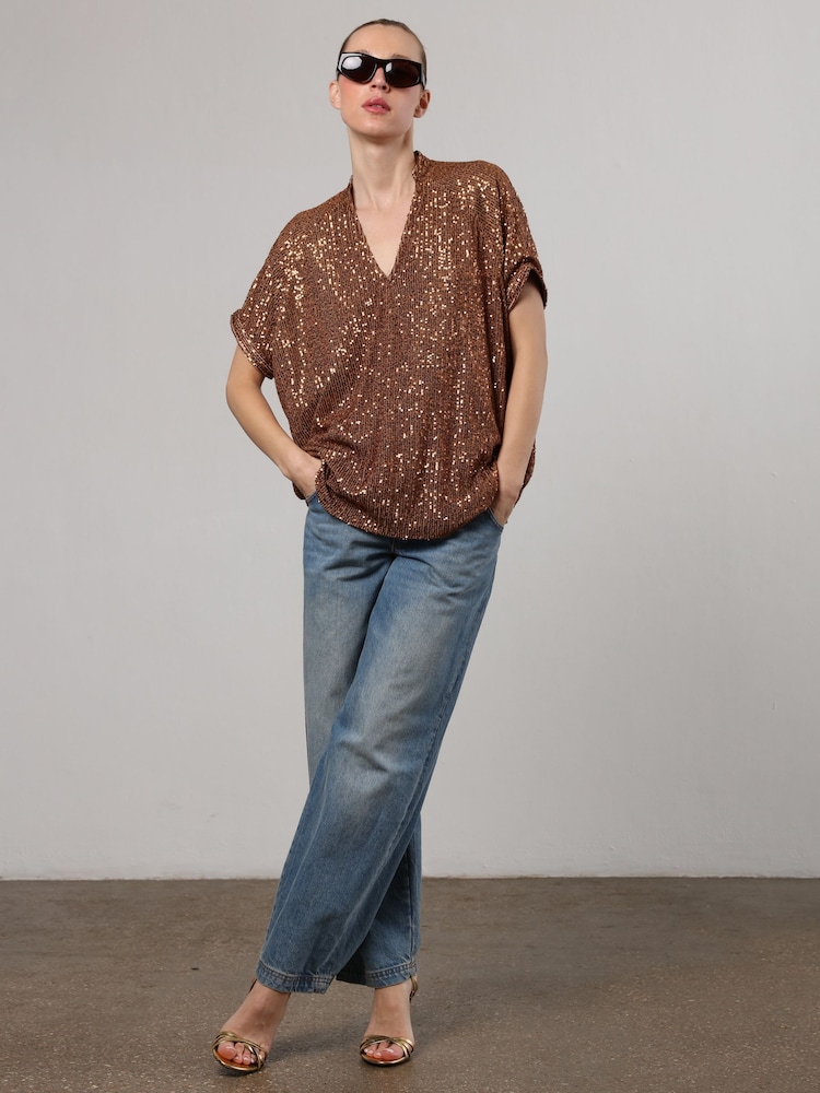 Religion Gold Metallic Oversized Tunic Blouse in Sequin - Image 1 of 6