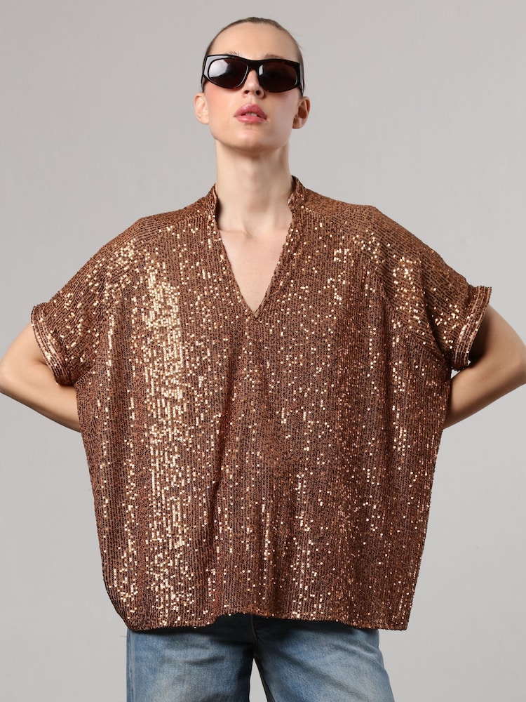 Religion Gold Metallic Oversized Tunic Blouse in Sequin - Image 2 of 6