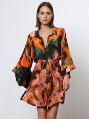 Religion Orange Tunic Shirt Dress With Kimono Sleeves in Bright Floral Print - Image 1 of 6