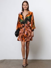 Religion Orange Tunic Shirt Dress With Kimono Sleeves in Bright Floral Print - Image 2 of 6