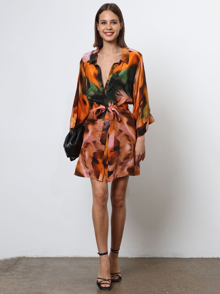 Religion Orange Tunic Shirt Dress With Kimono Sleeves in Bright Floral Print - Image 2 of 6