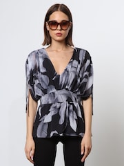 Religion Black V-neck Radiant Top With Rushed Sleeve Detail - Image 1 of 6