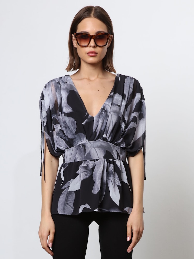 Religion Black V-neck Radiant Top With Rushed Sleeve Detail - Image 1 of 6