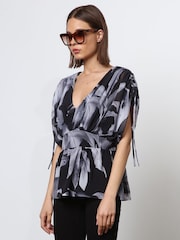 Religion Black V-neck Radiant Top With Rushed Sleeve Detail - Image 3 of 6