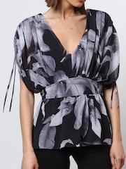 Religion Black V-neck Radiant Top With Rushed Sleeve Detail - Image 4 of 6