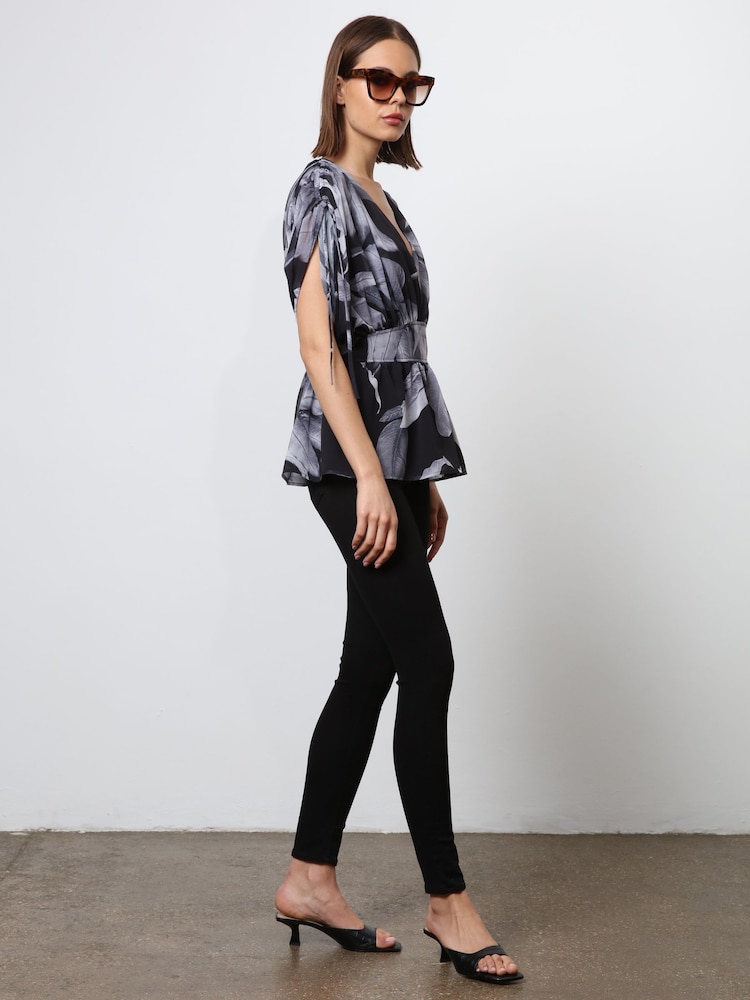 Religion Black V-neck Radiant Top With Rushed Sleeve Detail - Image 6 of 6