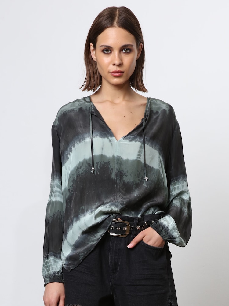 Religion Green Tie Dye Top With Skinny Neck Tie - Image 1 of 6