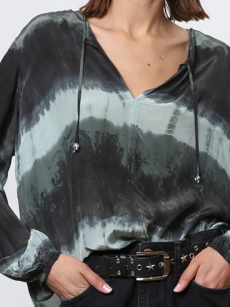 Religion Green Tie Dye Top With Skinny Neck Tie - Image 6 of 6