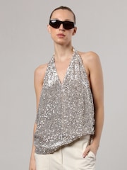 Religion Silver Metallic Sequin Backless Top With Halter Neck - Image 1 of 6
