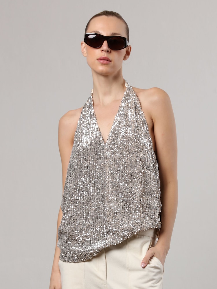 Religion Silver Metallic Sequin Backless Top With Halter Neck - Image 1 of 6