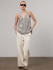 Religion Silver Metallic Sequin Backless Top With Halter Neck - Image 4 of 6