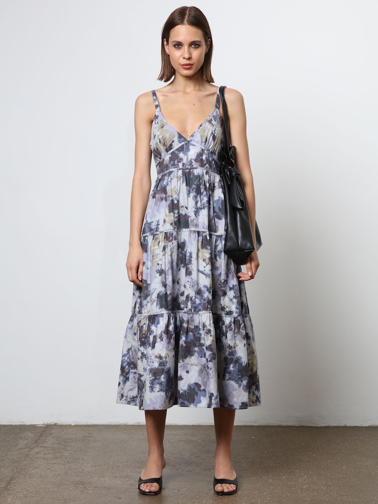 Religion Blue Floral Print 100% Cotton Strappy Maxi Summer Dress - Image 1 of 8