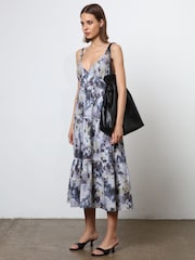 Religion Blue Floral Print 100% Cotton Strappy Maxi Summer Dress - Image 3 of 8