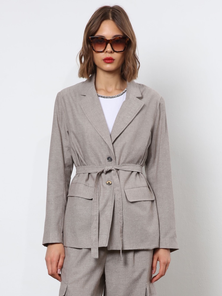 Religion Gray Belted Linen Mix Prime Blazer - Image 1 of 6