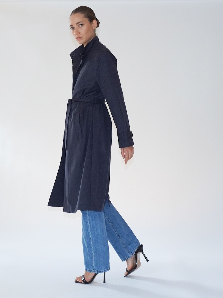Religion Grey Long Pinstriped Belted Sharp Jacket - Image 1 of 8