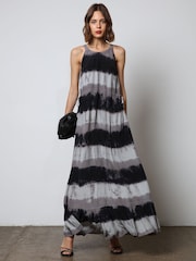Religion Black Tie Dye Halterneck Maxi Dress With Large Floral Placement Print in Cupro - Image 5 of 9