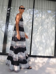 Religion Black Tie Dye Halterneck Maxi Dress With Large Floral Placement Print in Cupro - Image 8 of 9