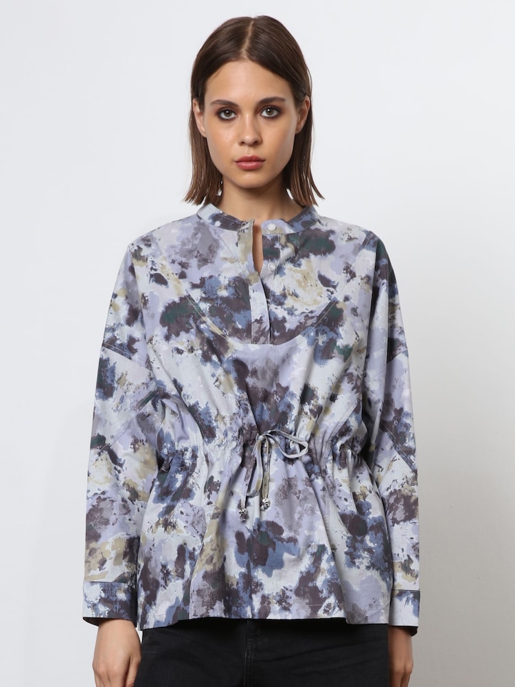 Religion Blue Floral Print Loose Fitting Shirt With Drawstring Waist - Image 1 of 5