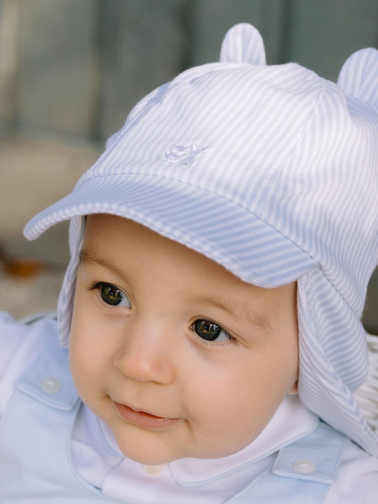 Emile et Rose Blue 100% Cotton Striped Sun Cap with ears & neck shield - Image 1 of 3 Emile et Rose Blue 100% Cotton Striped Sun Cap with ears & neck shield - Image 1 of 3
