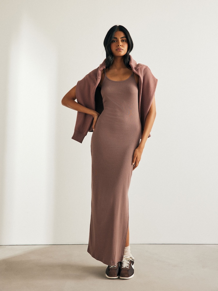 Neutral Ribbed Maxi Bodycon Dress - Image 1 of 5 Neutral Ribbed Maxi Bodycon Dress - Image 1 of 5