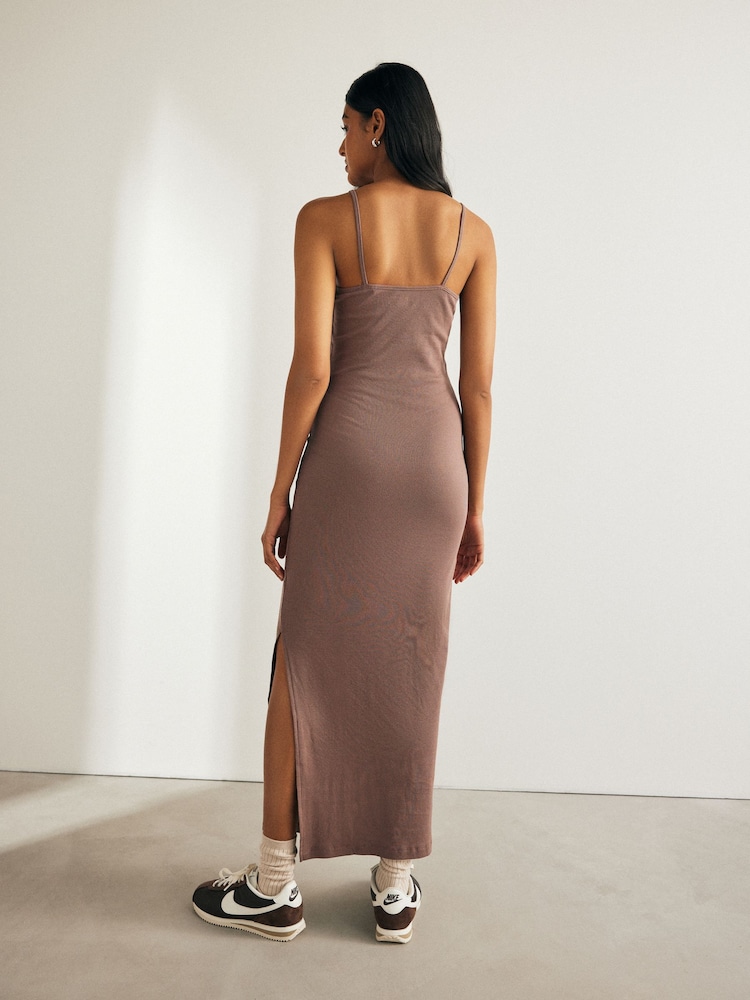 Neutral Ribbed Maxi Bodycon Dress - Image 2 of 5 Neutral Ribbed Maxi Bodycon Dress - Image 2 of 5