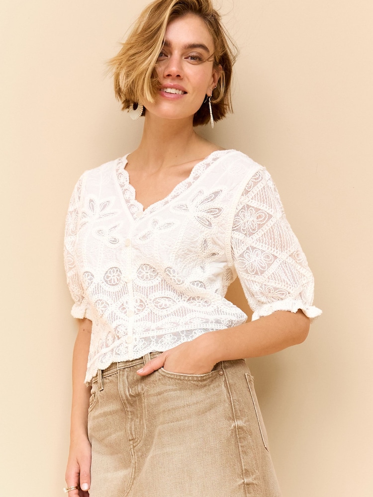White 100% Cotton Crochet Puff Sleeve Summer Top - Image 1 of 6 White 100% Cotton Crochet Puff Sleeve Summer Top - Image 1 of 6