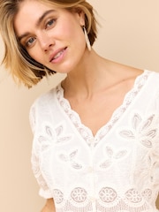 White 100% Cotton Crochet Puff Sleeve Summer Top - Image 2 of 6