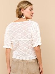 White 100% Cotton Crochet Puff Sleeve Summer Top - Image 3 of 6