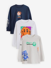 Marineblau/Weiß/Grau mit Graffiti - Langarm-T-Shirts mit Grafik aus 100 % Baumwolle im 3er-Pack (3–16 J.) - Bild 1 von 7