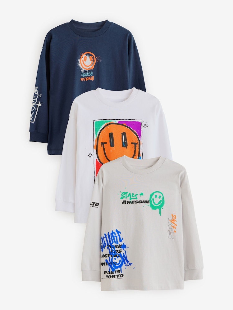 Marineblau/Weiß/Grau mit Graffiti - Langarm-T-Shirts mit Grafik aus 100 % Baumwolle im 3er-Pack (3–16 J.) - Bild 1 von 7