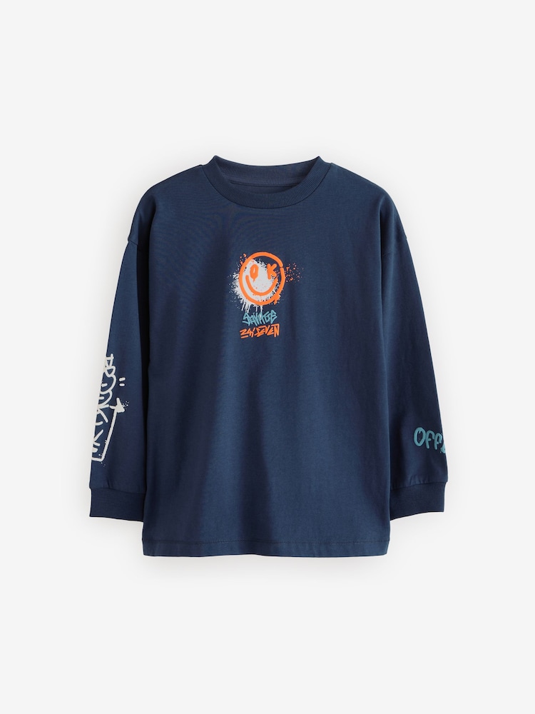 Marineblau/Weiß/Grau mit Graffiti - Langarm-T-Shirts mit Grafik aus 100 % Baumwolle im 3er-Pack (3–16 J.) - Bild 2 von 7