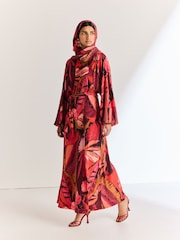 Red Print Long Sleeve Scarf Maxi Dress - Image 1 of 6
