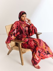 Red Print Long Sleeve Scarf Maxi Dress - Image 2 of 6