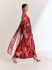 Red Print Long Sleeve Scarf Maxi Dress - Image 3 of 6
