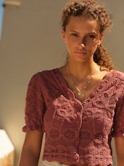 Rose Pink 100% Cotton Crochet Puff Sleeve Summer Top - Image 4 of 7