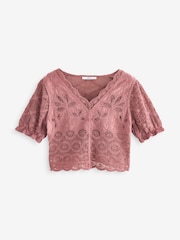 Rose Pink 100% Cotton Crochet Puff Sleeve Summer Top - Image 6 of 7