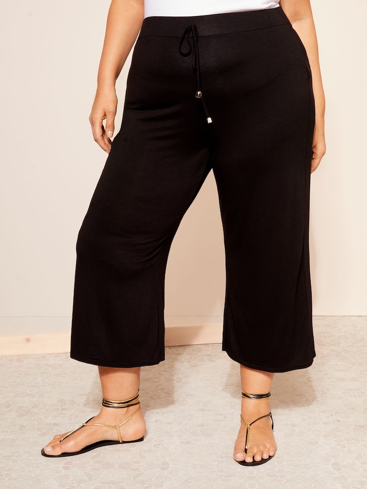 Friends Like These Black Curve Belted Jersey Wide Leg Culotte Trousers - Image 1 of 4 Friends Like These Black Curve Belted Jersey Wide Leg Culotte Trousers - Image 1 of 4