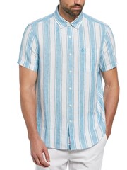 Original Penguin Blue Vertical Stripe 100% Linen Short Sleeve Shirt - Image 1 of 3