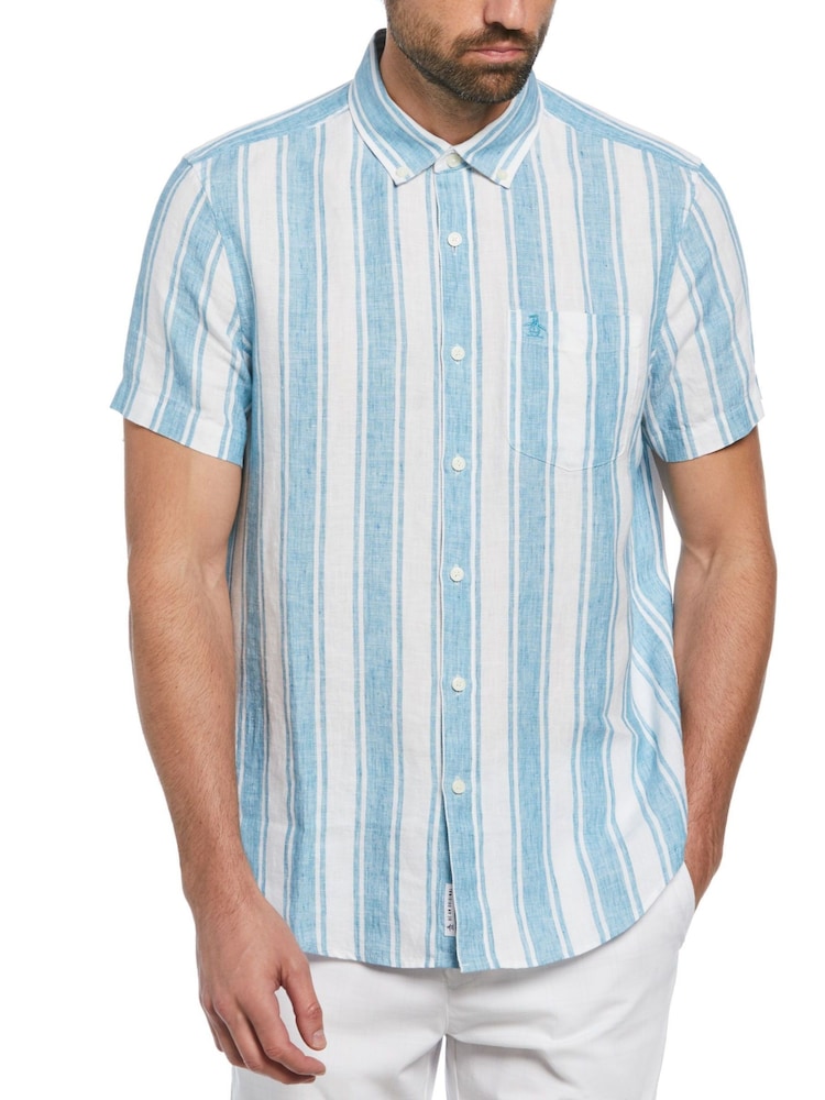 Original Penguin Blue Vertical Stripe 100% Linen Short Sleeve Shirt - Image 1 of 3