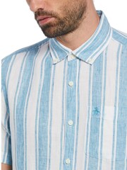 Original Penguin Blue Vertical Stripe 100% Linen Short Sleeve Shirt - Image 3 of 3