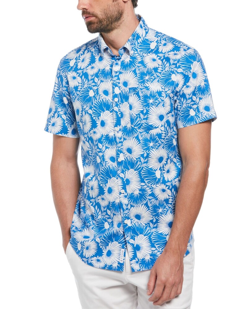Hellblau - Original Penguin Hemd mit floralem All-Over-Druck aus Baumwollmischung und kurzen Ärmeln - Bild 1 von 3