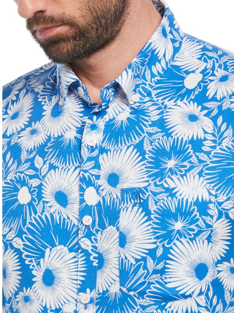 Hellblau - Original Penguin Hemd mit floralem All-Over-Druck aus Baumwollmischung und kurzen Ärmeln - Bild 3 von 3