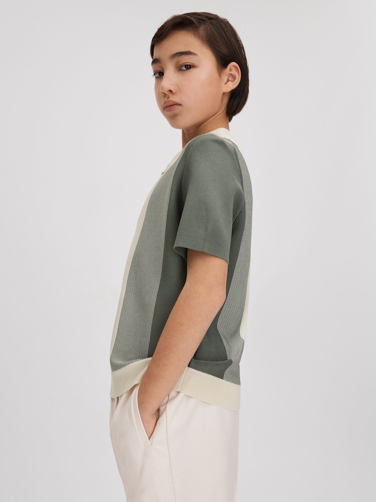 Reiss Sage Milton 9-14 yrs Half-Zip Striped Polo Shirt - Image 1 of 4 Reiss Sage Milton 9-14 yrs Half-Zip Striped Polo Shirt - Image 1 of 4