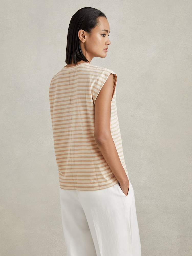 Reiss Neutral/White Morgan Cotton Striped Capped Sleeve T-Shirt - Image 1 of 5