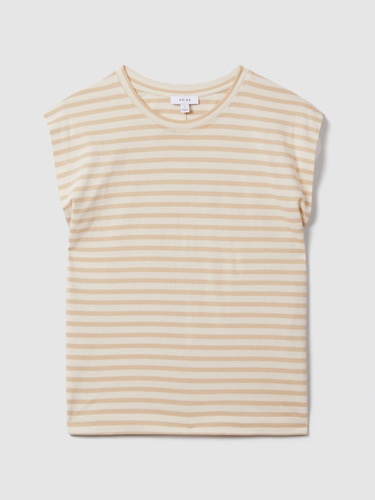 Reiss Neutral/White Morgan Cotton Striped Capped Sleeve T-Shirt - Image 2 of 5