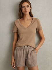 Reiss Camel Becca Cotton Blend Ribbed V-Neck Top - Image 1 of 6