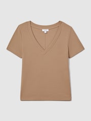 Reiss Camel Becca Cotton Blend Ribbed V-Neck Top - Image 2 of 6